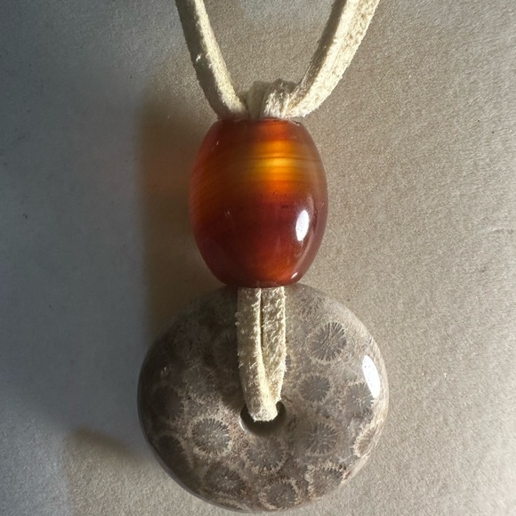 Coral Fossil Jade Donut Pendant Necklace - Picture 10 of 16